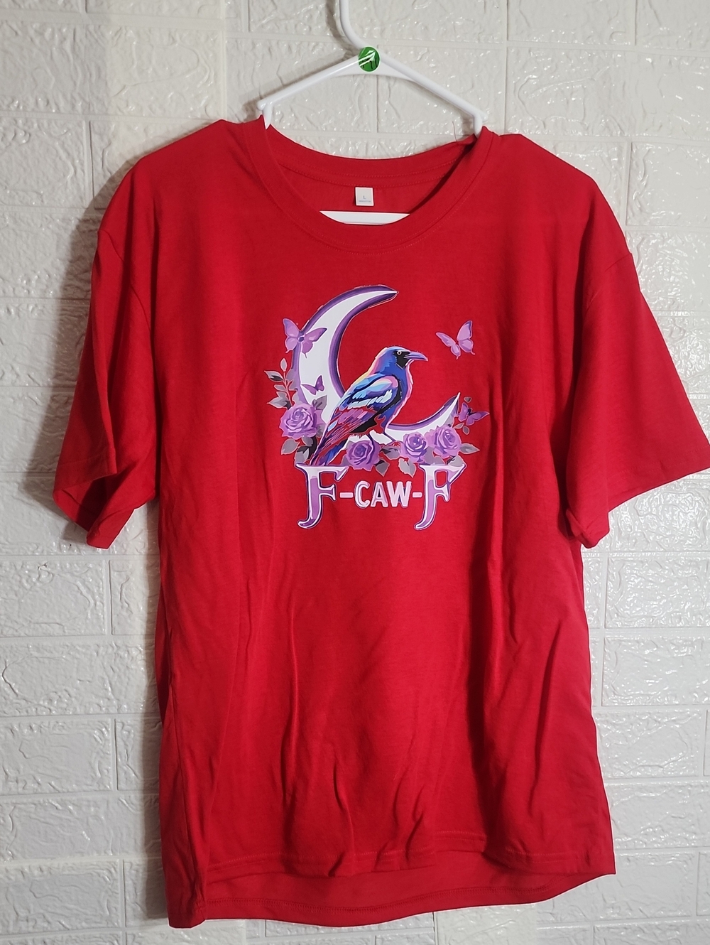 Red Graphic Bird Tee with Floral Moon Design